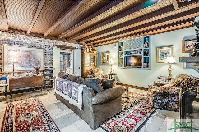 living room with tile floors, beam ceiling, and wooden ceiling