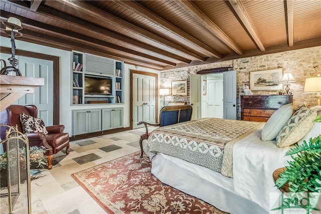 tiled bedroom with beamed ceiling and wood ceiling