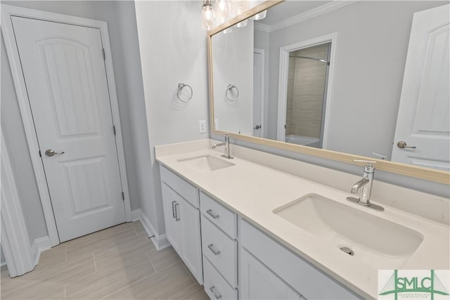 full bath with double vanity, ornamental molding, tub / shower combination, and a sink