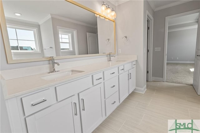 bathroom featuring double vanity, ornamental molding, and a sink