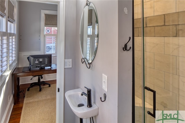 bathroom with hardwood / wood-style floors, sink, and a wealth of natural light