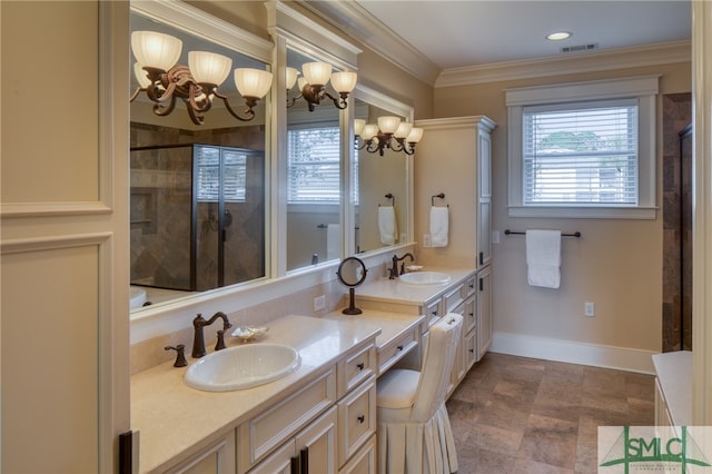 bathroom featuring an inviting chandelier, ornamental molding, tile flooring, and dual bowl vanity