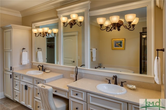 bathroom with a chandelier, a bathing tub, vanity with extensive cabinet space, and tile flooring