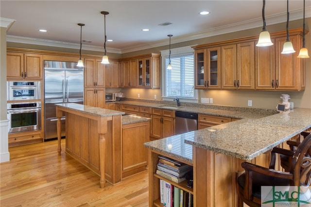 kitchen with a breakfast bar area, light hardwood / wood-style flooring, hanging light fixtures, and stainless steel appliances