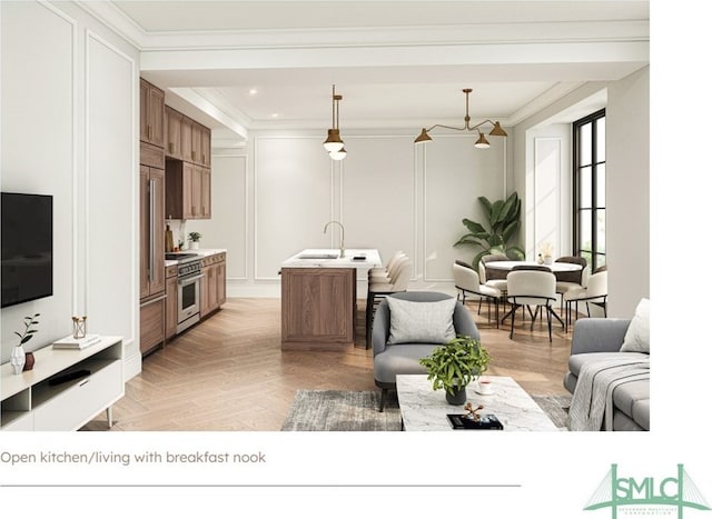 living room featuring light parquet flooring, crown molding, and sink