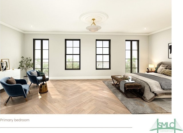 bedroom featuring crown molding, light parquet floors, and multiple windows