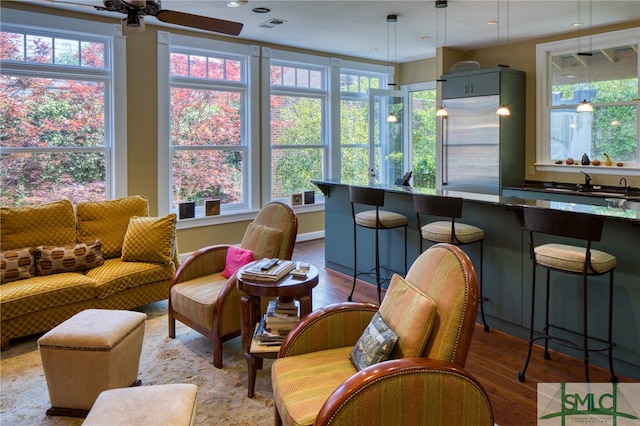 interior space featuring sink, a healthy amount of sunlight, ceiling fan, and light hardwood / wood-style flooring