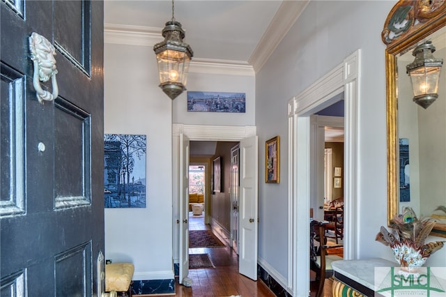 foyer featuring dark wood-type flooring and ornamental molding