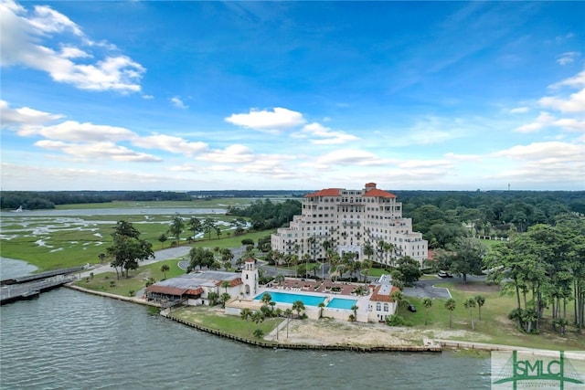 birds eye view of property featuring a water view