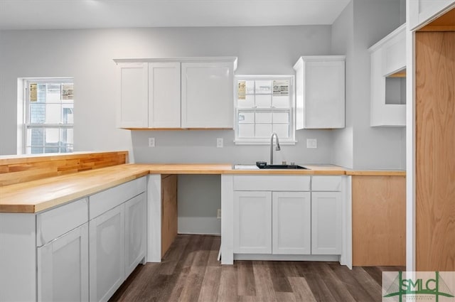 kitchen featuring sink, dark wood-type flooring, white cabinetry, and wood counters