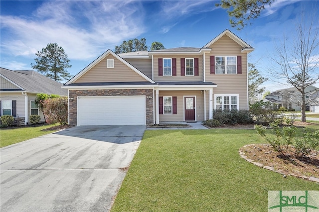 view of front of home with a front yard and a garage