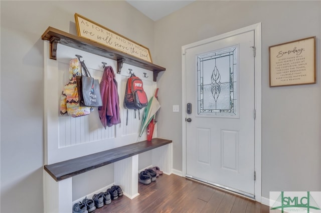 mudroom with dark wood-type flooring