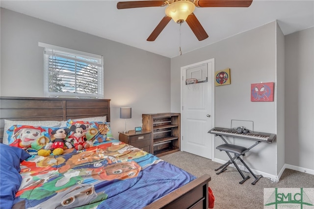 bedroom with light carpet and ceiling fan