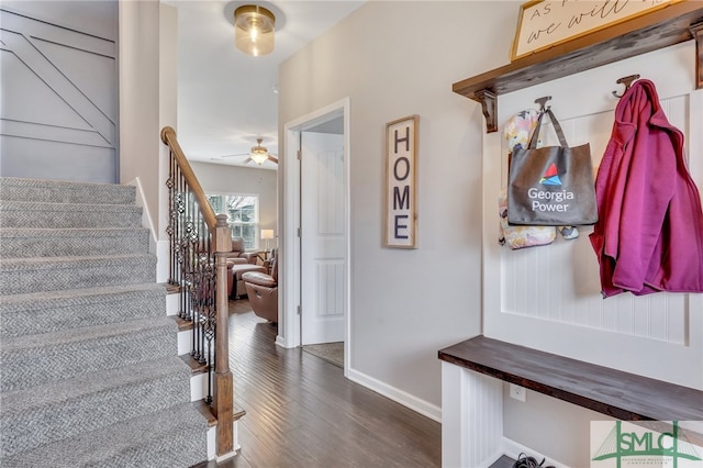 mudroom featuring ceiling fan and dark hardwood / wood-style floors