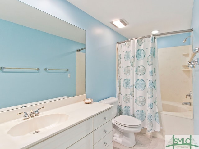 full bathroom featuring shower / bath combination with curtain, oversized vanity, tile flooring, and toilet