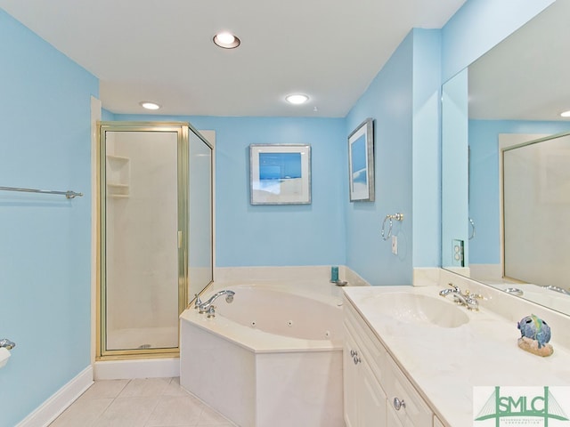 bathroom with shower with separate bathtub, tile flooring, and large vanity