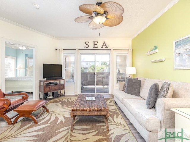 living room featuring ceiling fan, light hardwood / wood-style flooring, and ornamental molding