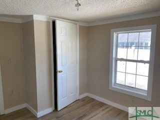 unfurnished room featuring a textured ceiling, light wood-type flooring, and a wealth of natural light