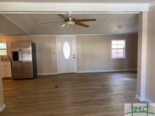 entryway featuring ceiling fan and dark hardwood / wood-style floors