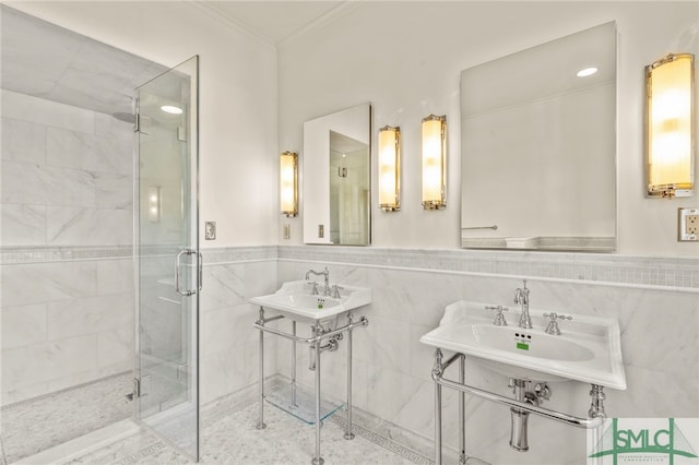 bathroom featuring ornamental molding, tile walls, and walk in shower