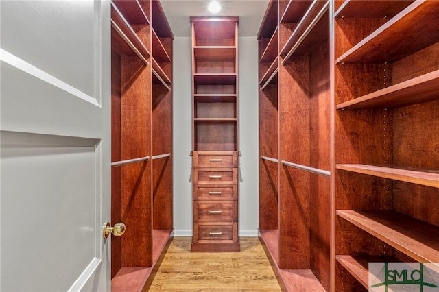 walk in closet with light hardwood / wood-style flooring