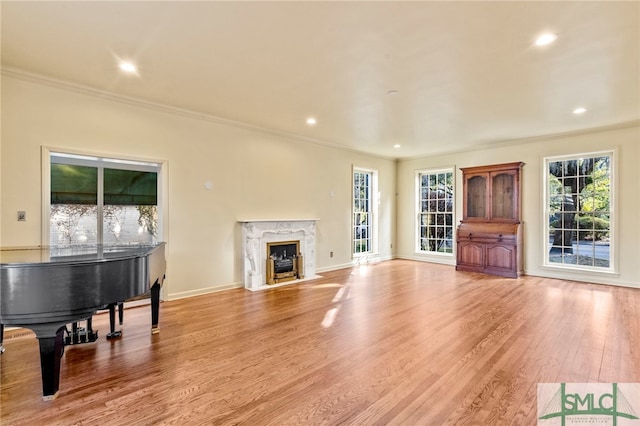 living room featuring ornamental molding, a premium fireplace, and light hardwood / wood-style floors