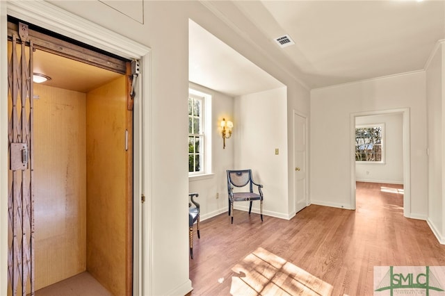 corridor with light hardwood / wood-style floors and crown molding