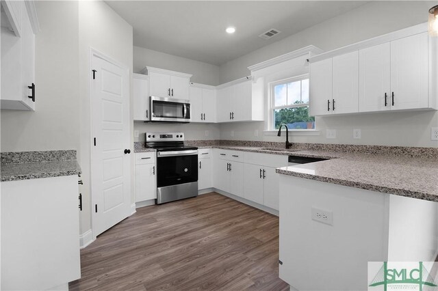 kitchen featuring white cabinets, appliances with stainless steel finishes, light stone countertops, hardwood / wood-style flooring, and sink