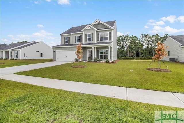 view of front of house featuring a garage, central AC, a front lawn, and concrete driveway