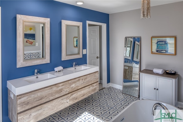 bathroom with a bath, tile flooring, and dual bowl vanity