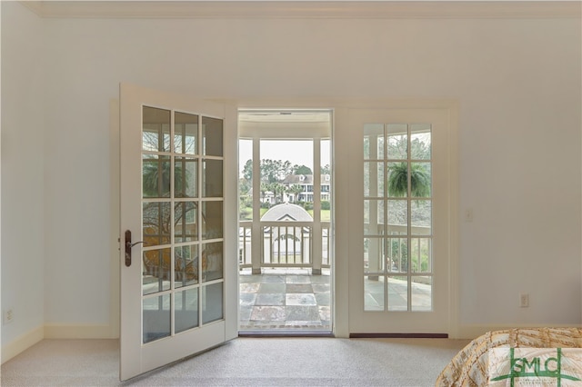 doorway to outside with light colored carpet