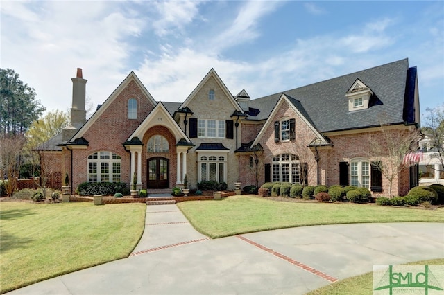 view of front of property with a front yard and french doors