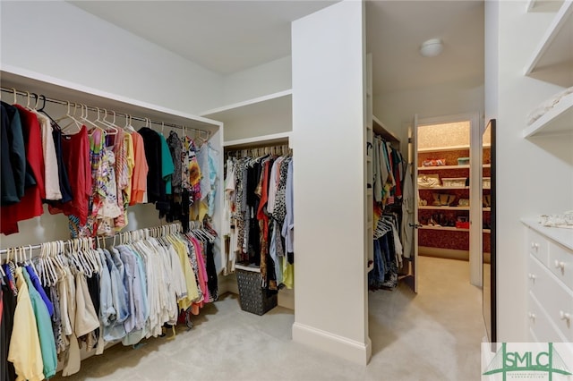 walk in closet featuring light carpet