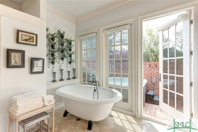 interior space with ornamental molding, tile floors, and a bath