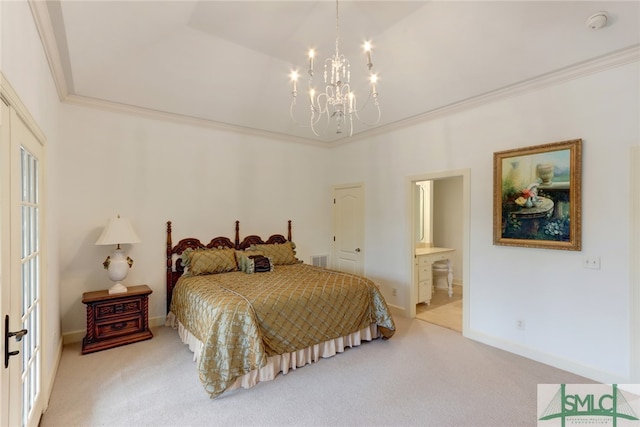 bedroom featuring light carpet, a notable chandelier, crown molding, and connected bathroom