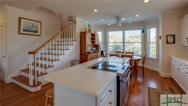 kitchen with dark hardwood / wood-style flooring, ceiling fan, high end stainless steel range oven, and a center island