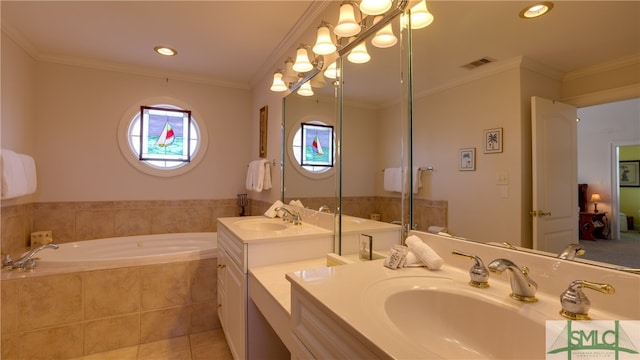 bathroom with tile flooring, crown molding, and tiled tub