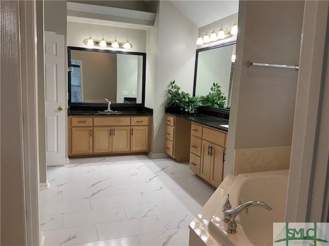 bathroom with tile flooring, double sink vanity, and a washtub