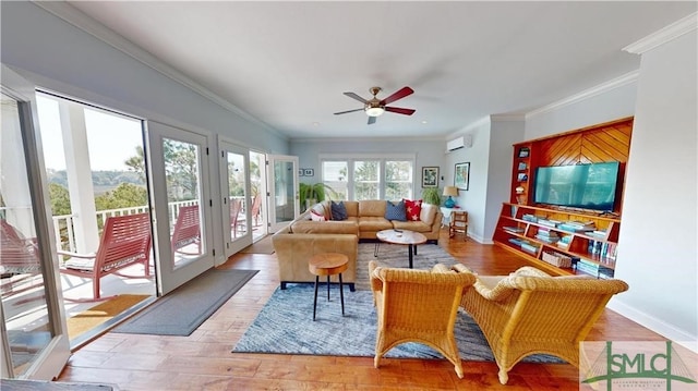 interior space with hardwood / wood-style flooring, ornamental molding, an AC wall unit, and ceiling fan