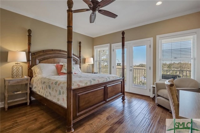 bedroom featuring ornamental molding, dark hardwood / wood-style flooring, ceiling fan, and access to exterior