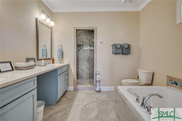 full bathroom with ornamental molding, tile floors, toilet, and separate shower and tub