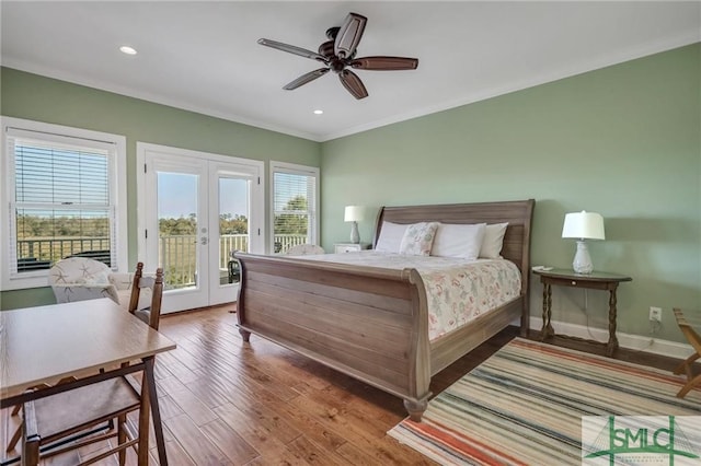 bedroom with french doors, ceiling fan, access to exterior, wood-type flooring, and ornamental molding