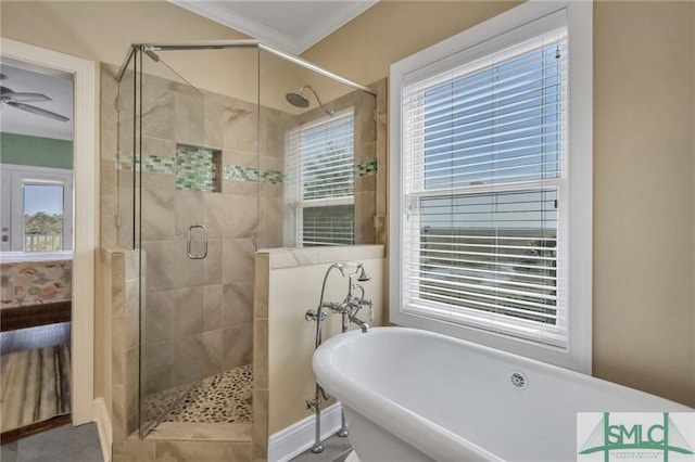 bathroom featuring crown molding, separate shower and tub, and ceiling fan