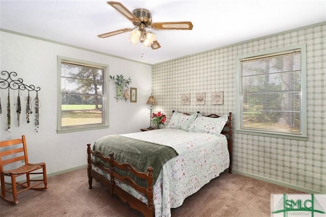 bedroom featuring ceiling fan and carpet floors