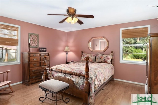 bedroom with ceiling fan and light wood-type flooring