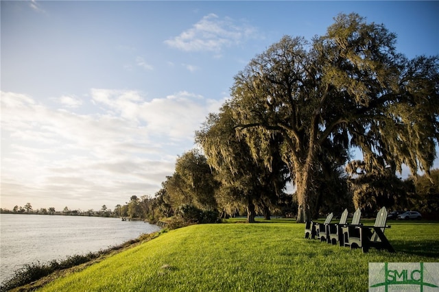 view of property's community with a lawn and a water view