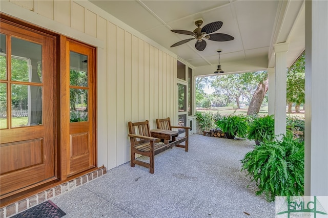 view of patio / terrace featuring ceiling fan and a porch