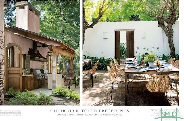 view of patio with exterior kitchen, a grill, and exterior bar