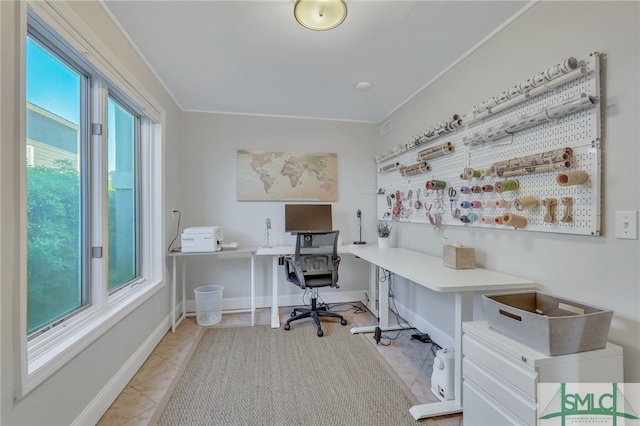 tiled home office with ornamental molding