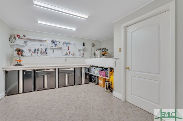 interior space featuring crown molding and light tile flooring